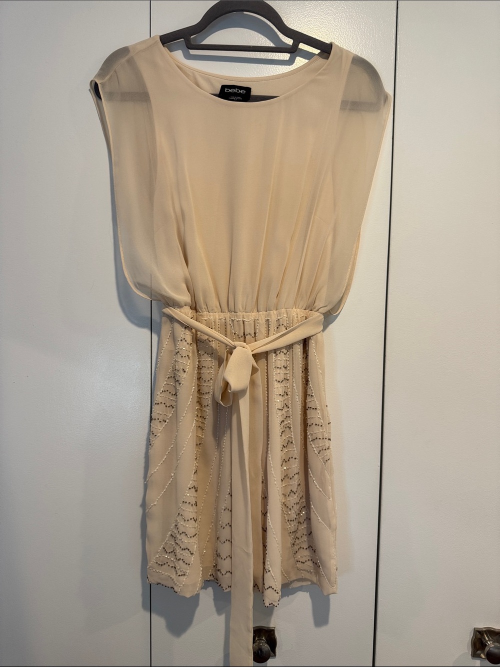 bebe Champagne Chiffon Belted Mini Dress